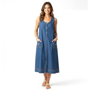 Lemon Grass Womens Blue Denim Embroidered‎ Button Front Midi Dress Plus Size P